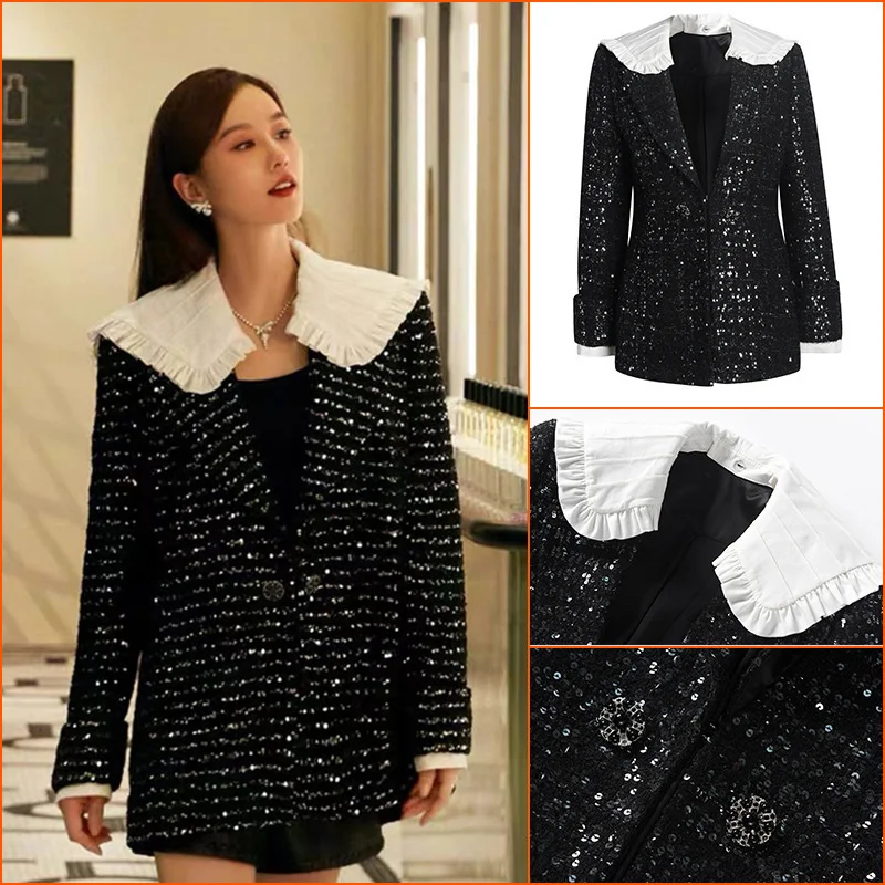 

Уличное пальто Liu Shishi с воротником для младенцев, женский новый черный твидовый тканый топ на осень и зиму 2021