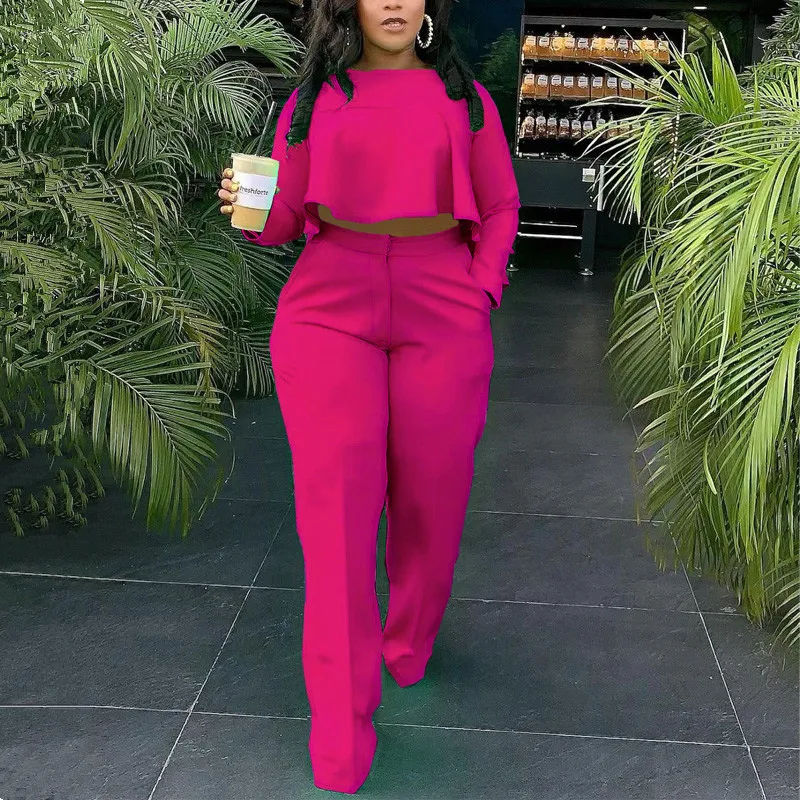 

2021 Women Fall Fashion Two Piece Set Casual Suits Solid Color Full Sleeve Dip Hem Crop Top Shirt & Loose Pants Set