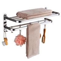304 Stainless Steel Punch-Free Foldable Towel Rack for Bathroom Toilet Double Layer Storage Rack Organizer Holder with Hook