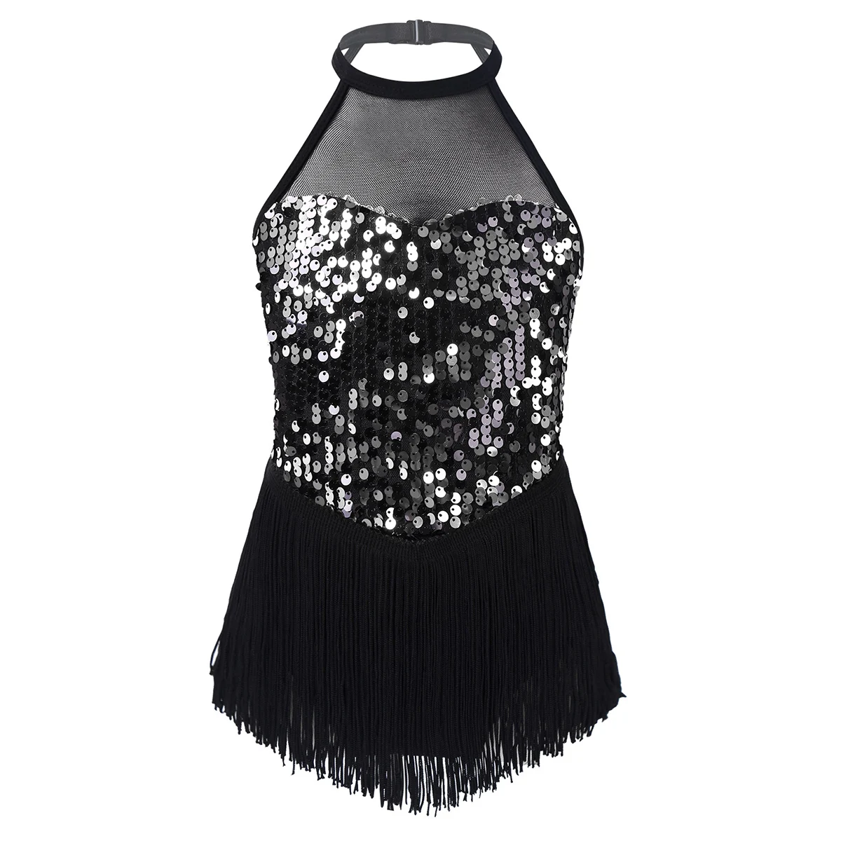 Новинка детский танцевальный костюм без рукавов с блестками и бахромой для