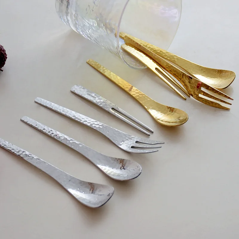 

304 Japanese Style Design Metal Tableware Hammer Mesh Spoon Cake Fruit Fork Stainless Steel Dessert Coffee Spoon Teaspoon