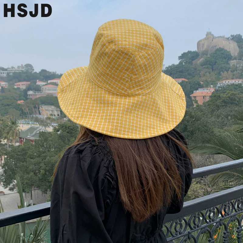 

Summer Women Foldable Large Brim Hat Letter Embroidery Double Sided Plaid Sun Hats Anti-UV Beach Cap 2021 New Floppy Bucket Caps