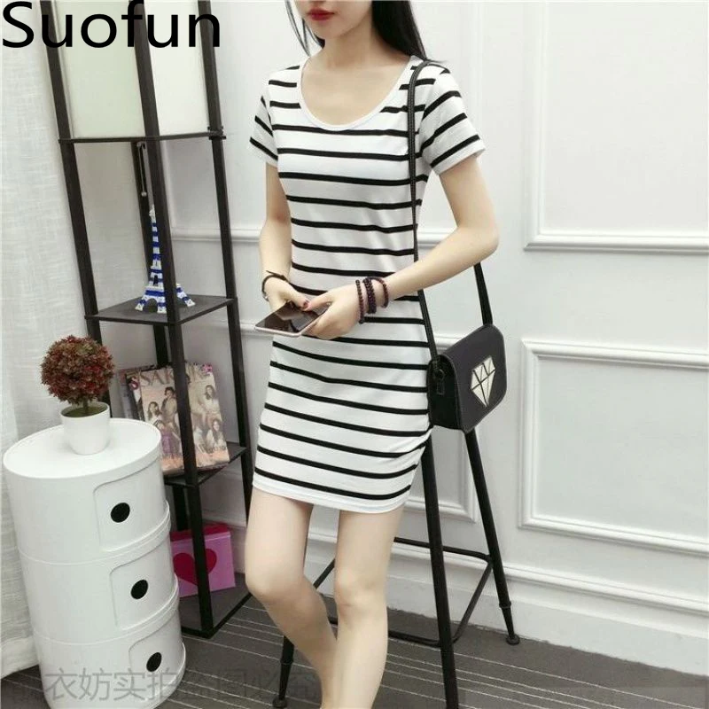 

Suofun Causla Women's Summer New 2021 Summer Mid Long Korean Stripe Versatile Round Neck Slim Bottom Short Sleeve Ladies Dress