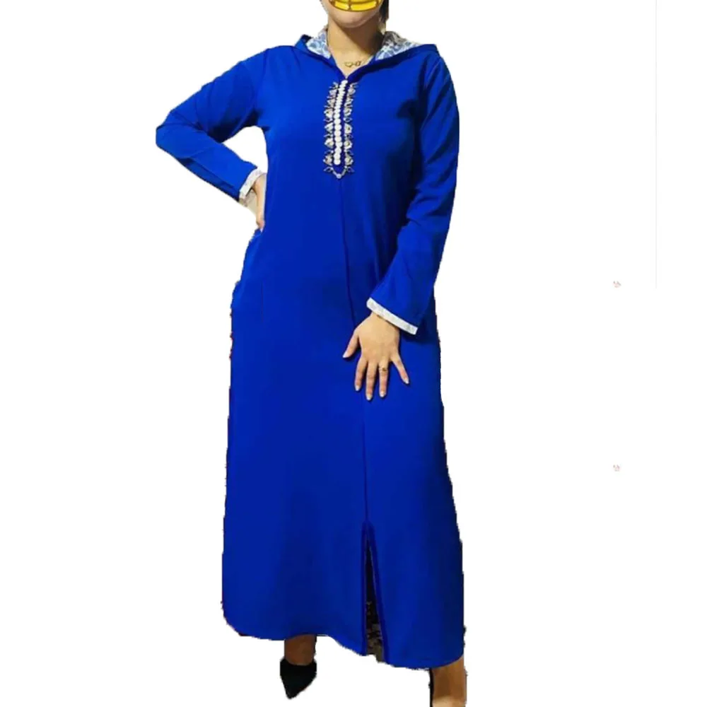 

Autumn 2021 Muslim Temperament Casual Arab Solid Color Hooded Long Sleeve Women's Dress Loose Beading Split Fork