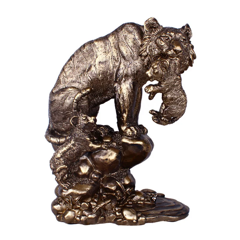 

European Bronze Mother & Child Tiger Sculpture Home Decoration Figurines Creative Living Room TV Cabinet Display Decor Props