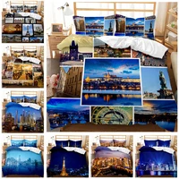 european and american 3d famous architectural printing bedding set modern home textile quilt cover pillowcase bedroom decoration