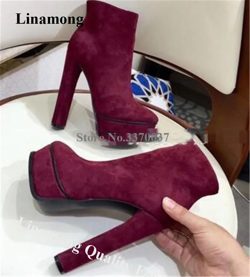 

Linamong Brand High Platform Round Toe Chunky Heel Short Boots Side Zipper-up Wine Red Black Thick High Heel Ankle Booties Heels