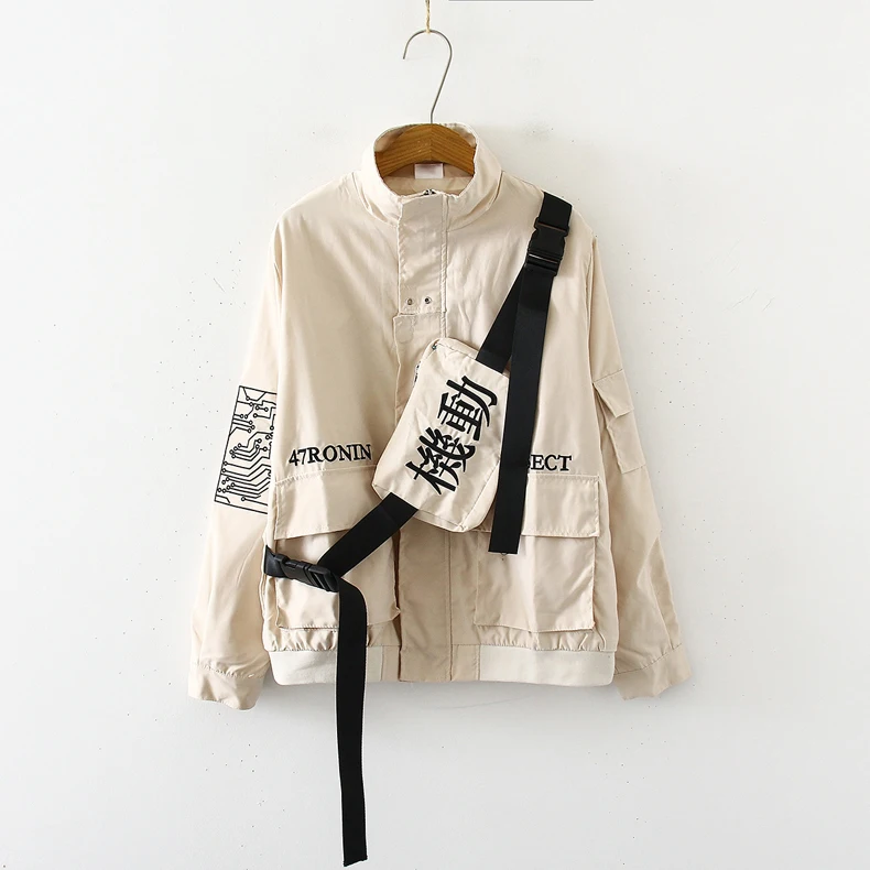 Куртки в стиле хип-хоп, Лоскутная куртка на молнии с несколькими карманами, ранец, Харадзюку, Гонконгский стиль, уличная винтажная спортивная куртка H010