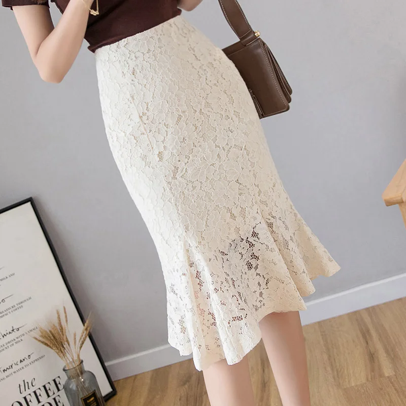 

Vintage Lace Skirts For Women Fashion High Waist Black Apricot Mermaid Skirts Ladies Casual Midi Skirt Streetwear Party Skirts