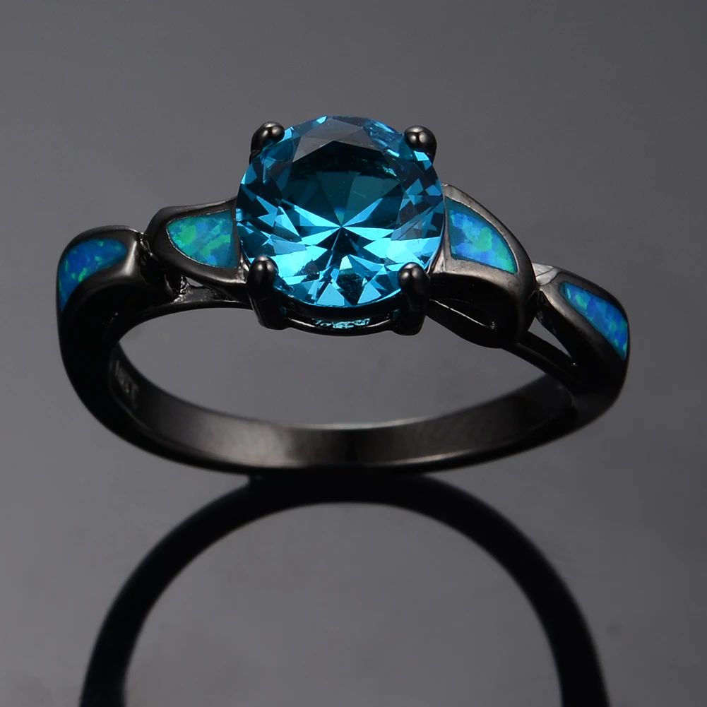 

Classic Female Aqua Blue Round Crystal Ring Charm 14KT Black Gold Wedding Rings For Women Cute Bride Opal Stone Engagement Ring