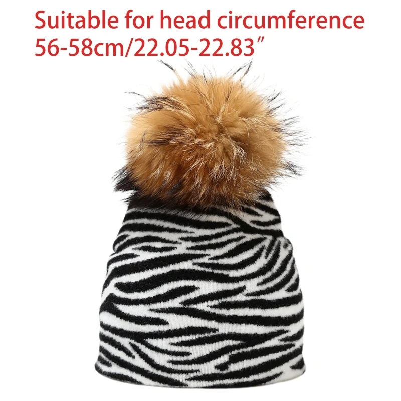 

Unisex Cute Cow Zebra Print Beanie Hat Detachable Pompom Warm Knitted Skull Cap 6XDA