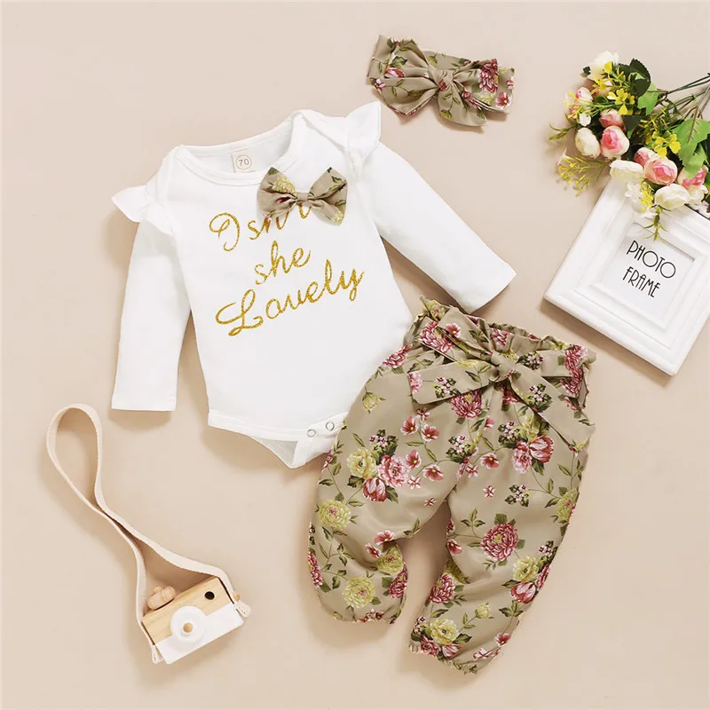 

0-18M Baby Girl Clothes Letter Printed Long Sleeve Bodysuit and Floral Bow Long Pants with Headband