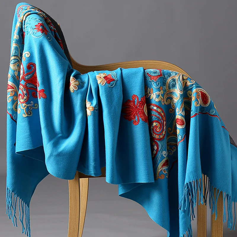 

Oversized New Winter Warm Solid Scarf For Women/Lady Soft Cashmere Pashmina Shawls Flower Embroidery Cashmere Female Wraps Capes