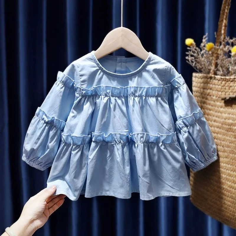 

Однотонные хлопковые блузки для девочек, летняя новая детская одежда, топ с оборками в стиле пэчворк, свободная универсальная детская модна...