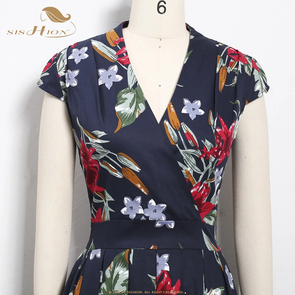 

SISHION Short Sleeve Summer Women Floral Dress VD1307 Sexy V Neck Pleated Swing Vintage Retro Ladies Dress vestidos