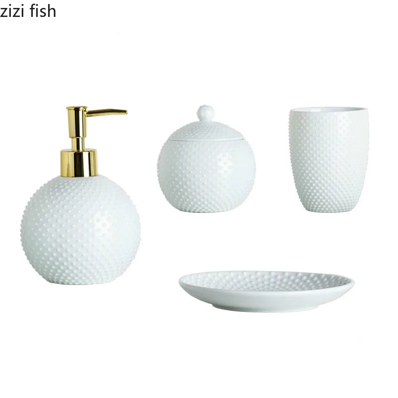Bathroom Set Four-piece Ceramic American Toiletries Kit Hand Sanitizer Bottle Brush Cup Soap Box | Дом и сад