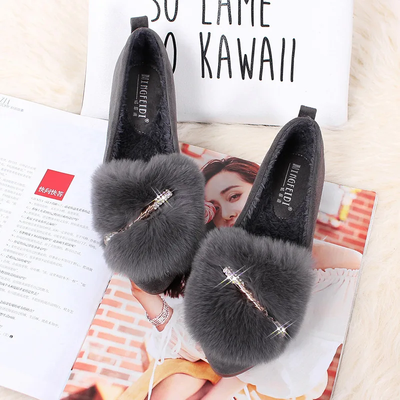 Из натурального кроличьего меха женская обувь на плоской подошве из плюша меху