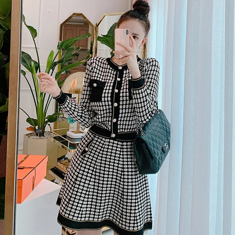 

Spring Autumn Women's Knitted Cardigan Sweater Coat + A-Line Mini Skirt Suit Ladies Plaid Shinny 2 Piece Sets