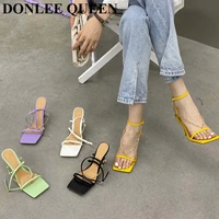 new fashion square toe high heel sandals women back strap slingback mule shoes party pumps spring 2021 brand metal chain sandal