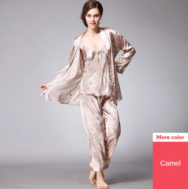 Пижамный комплект из трех предметов Женская атласная шелковая ночная рубашка с