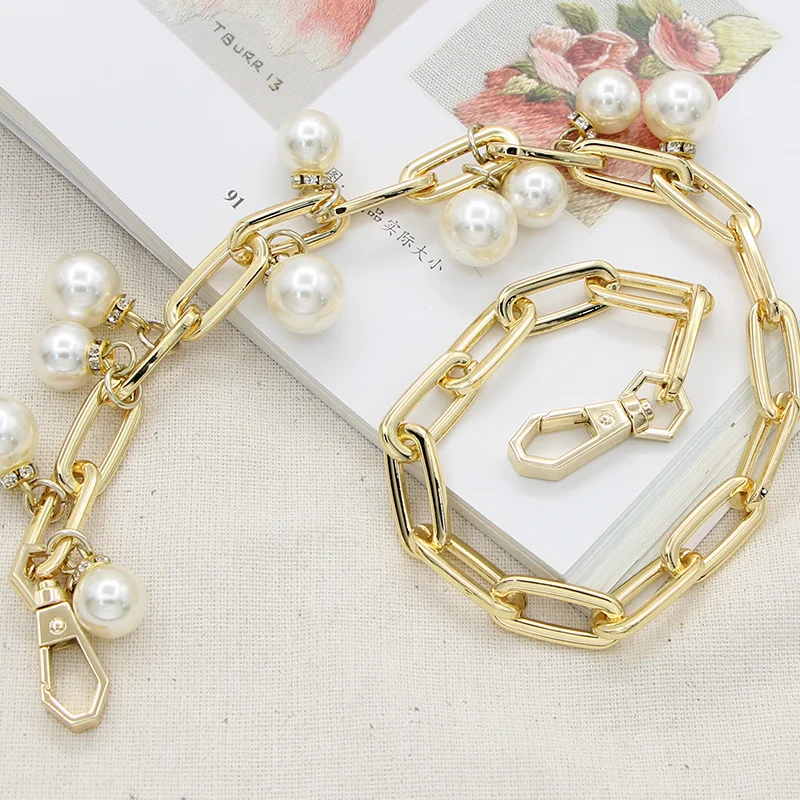 High Light Pearl Alloy Chain Manual Diy Hardware Parts Single Straps Messenger Backpack Bring Bead Gold Metal Chain Bag Strap