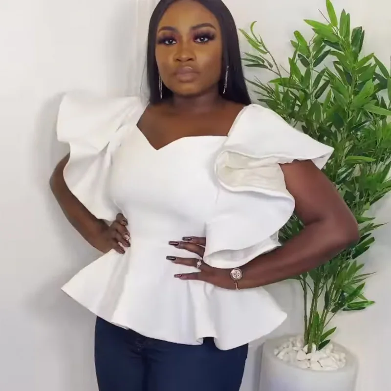 

Женская блузка с оборками на рукавах, элегантная белая блузка с баской для вечеринки, клуба, свидания, весна-лето 2021