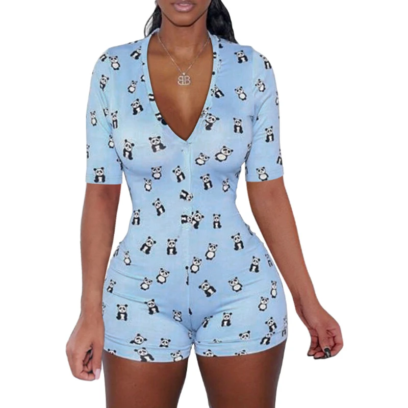 

Hot Meihuida Women Sexy Bodysuit Sleepwear Long Sleeve Deep V Neck Cartoon Print Stretch Skinny Short Romper Pajamas Overall