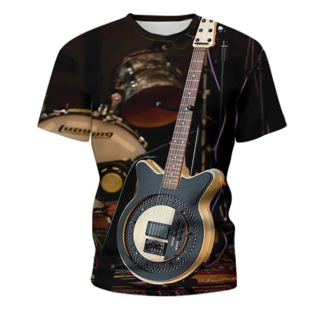 

2021 Summer New Men's T-shirt 3D Music Element Guitar Graphic Print T-shirt Fashion Trend Street Short Sleeve Top