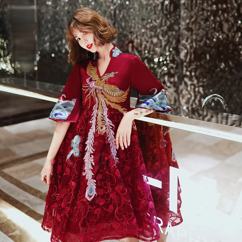 v-neck Chinese Phoenix Embroidery Design Long Sleeve Maternity Formal Dress High Waist Elegant Evening Dresses For Women ZL633