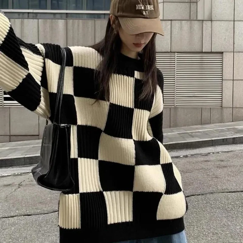 

Sweater Women Loose Pullovers Checkerboard Knit Tops O-Neck Sweaters y2k Females All-match High Street Chic Trendy Sweater