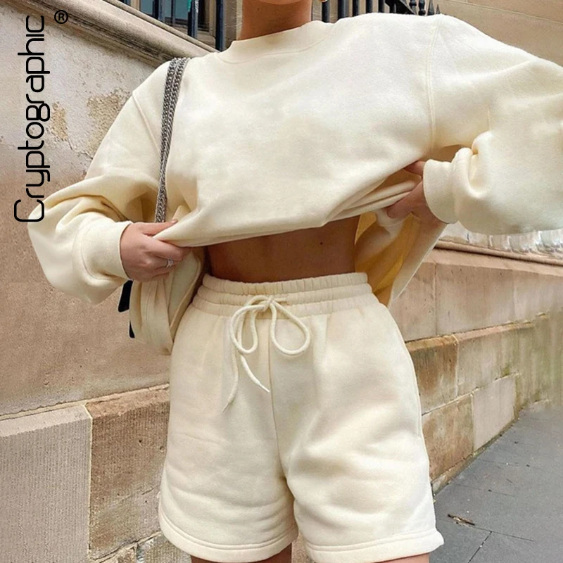 

Cryptographic Casual Fashion 2 Pieces Set Sweatshirt and Shorts Sets for Women Solid Loungewear Athleisure Outfits Autumn 2021