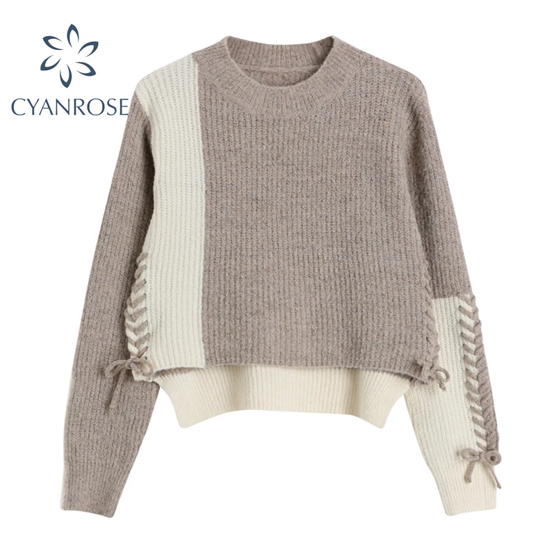 Женский свитер с длинным рукавом винтажный вязаный пуловер свободного покроя со