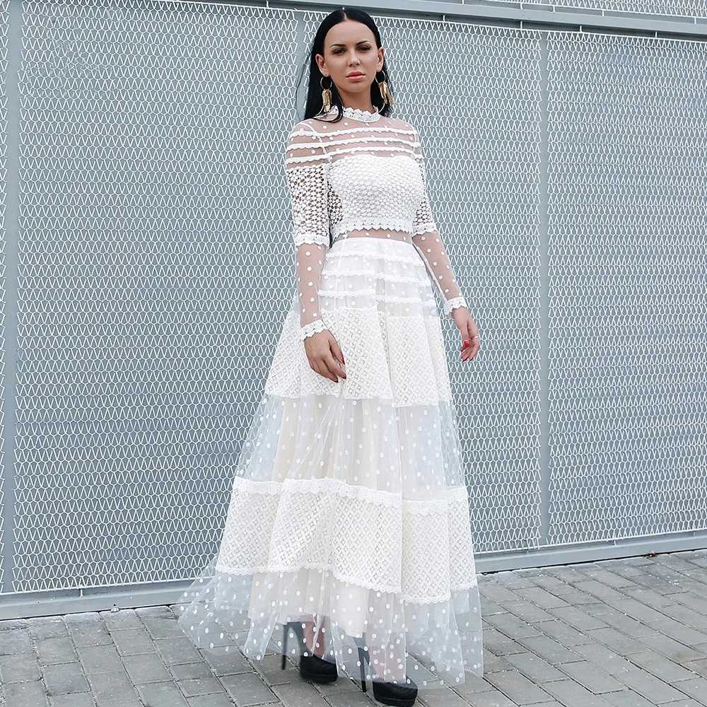 

Donsignet модные сексуальные вечерние платья летнее открытое кружевное платье средней длины с высоким воротником, из сетчатой ткани, из кусков, ...