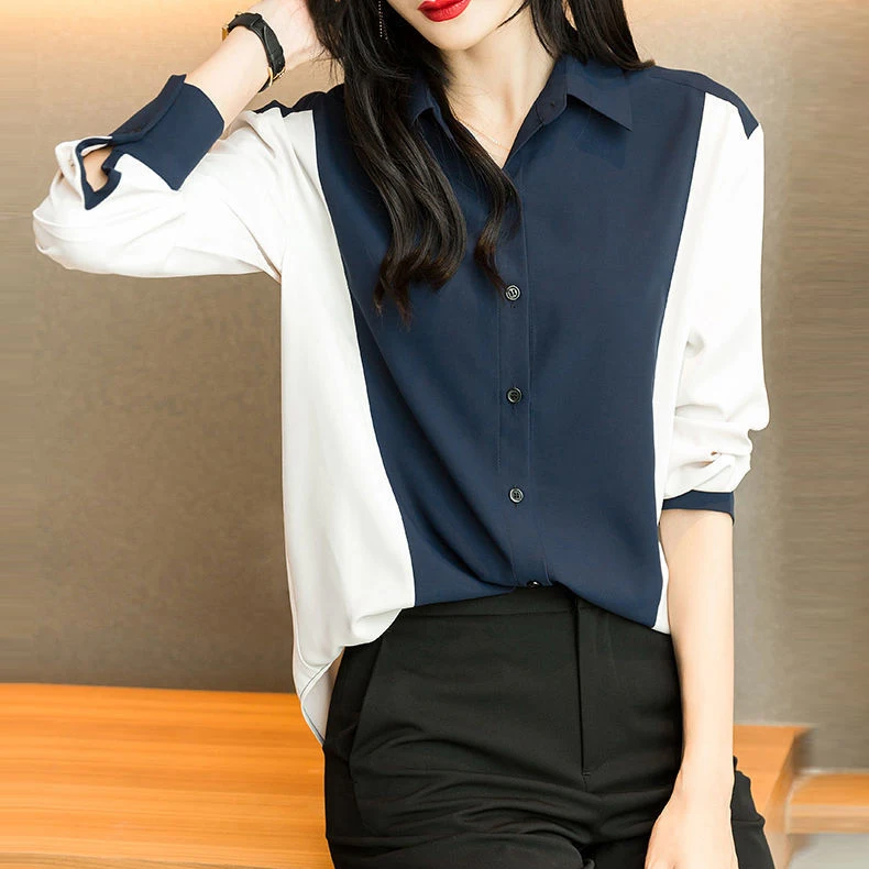 Blue and white shirt female chiffon long-sleeved new design sense color matching western style blouse shirt  Streetwear  Print