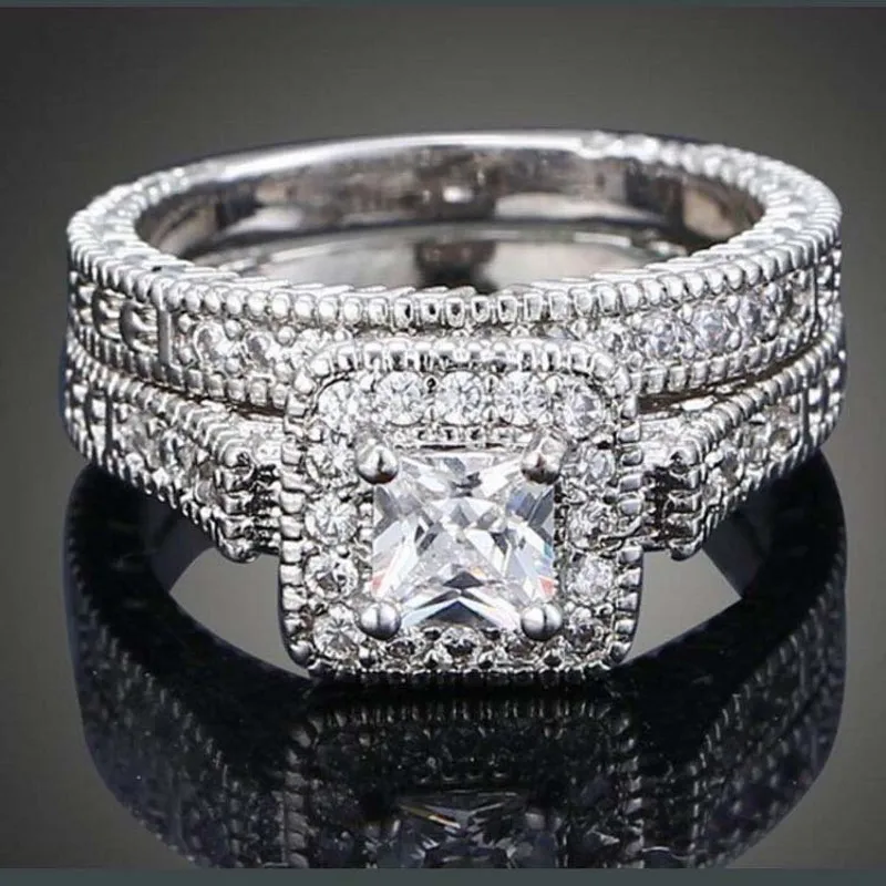 

Vintage Simulated Diamond Rings Sets 2-in-1 Engagement Wedding Ring finger For Women Pave CZ 10K White gold Plated Jewelry