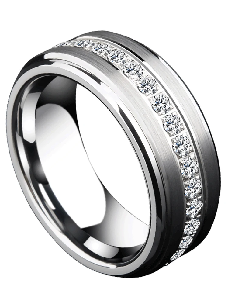 

Men's ring, 8mm wide white tungsten carbide ring, fashion jewelry with CZ gemstone rotating ring luxury mens rings