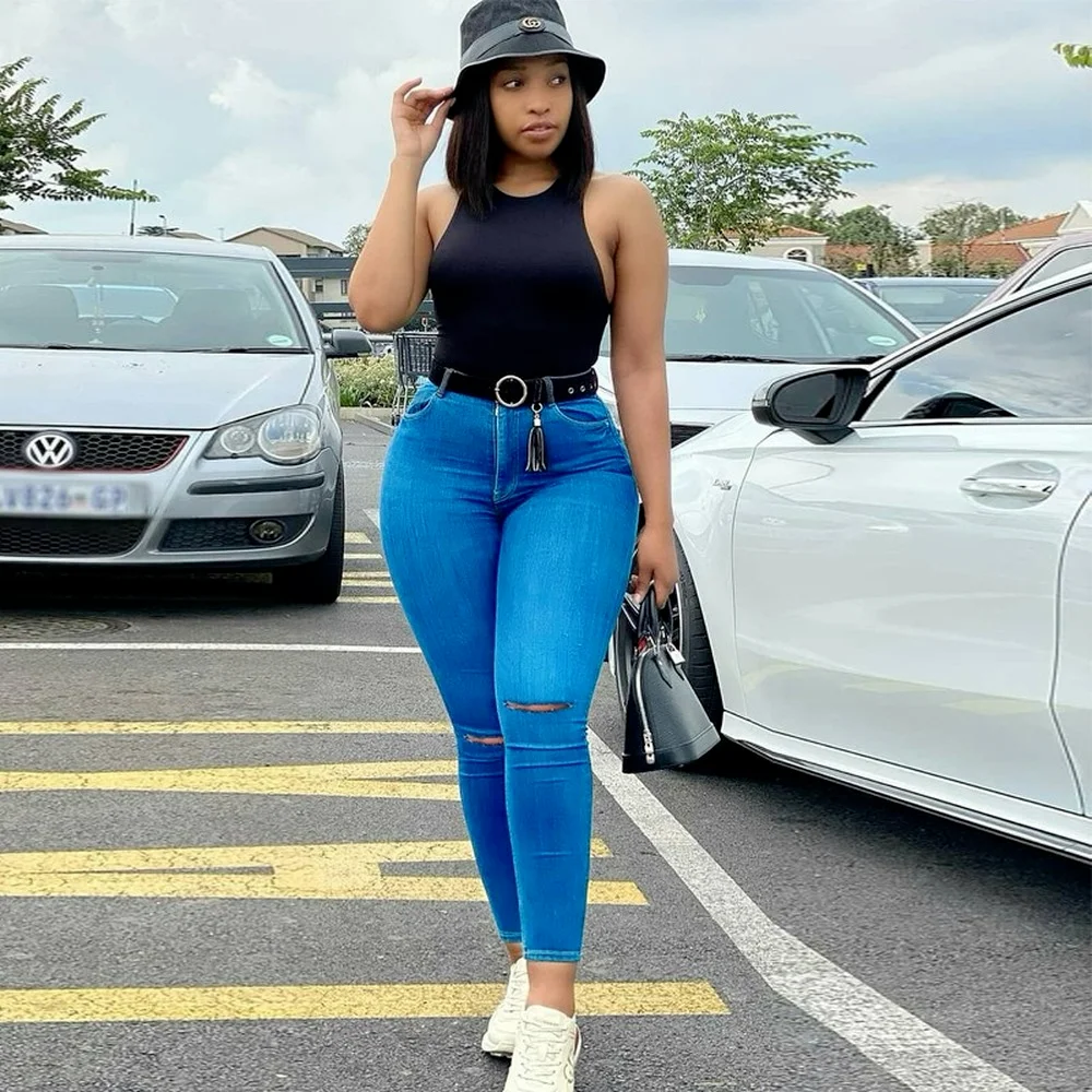 

Ladies High-Rise Ripped Stretch Slim-Fit Jeans 2021 New Women Button Hole Pencil Pants Trousers Summer Street Casual Denim Pants