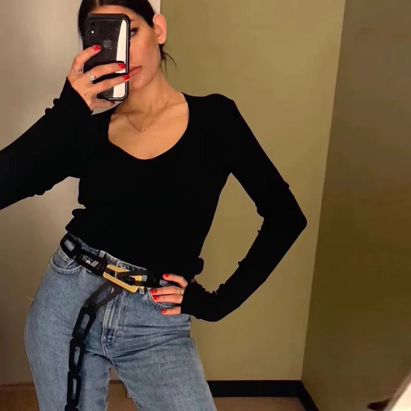 Женский трикотажный пуловер DEAT вязаный с глубоким низким бюстом и длинными