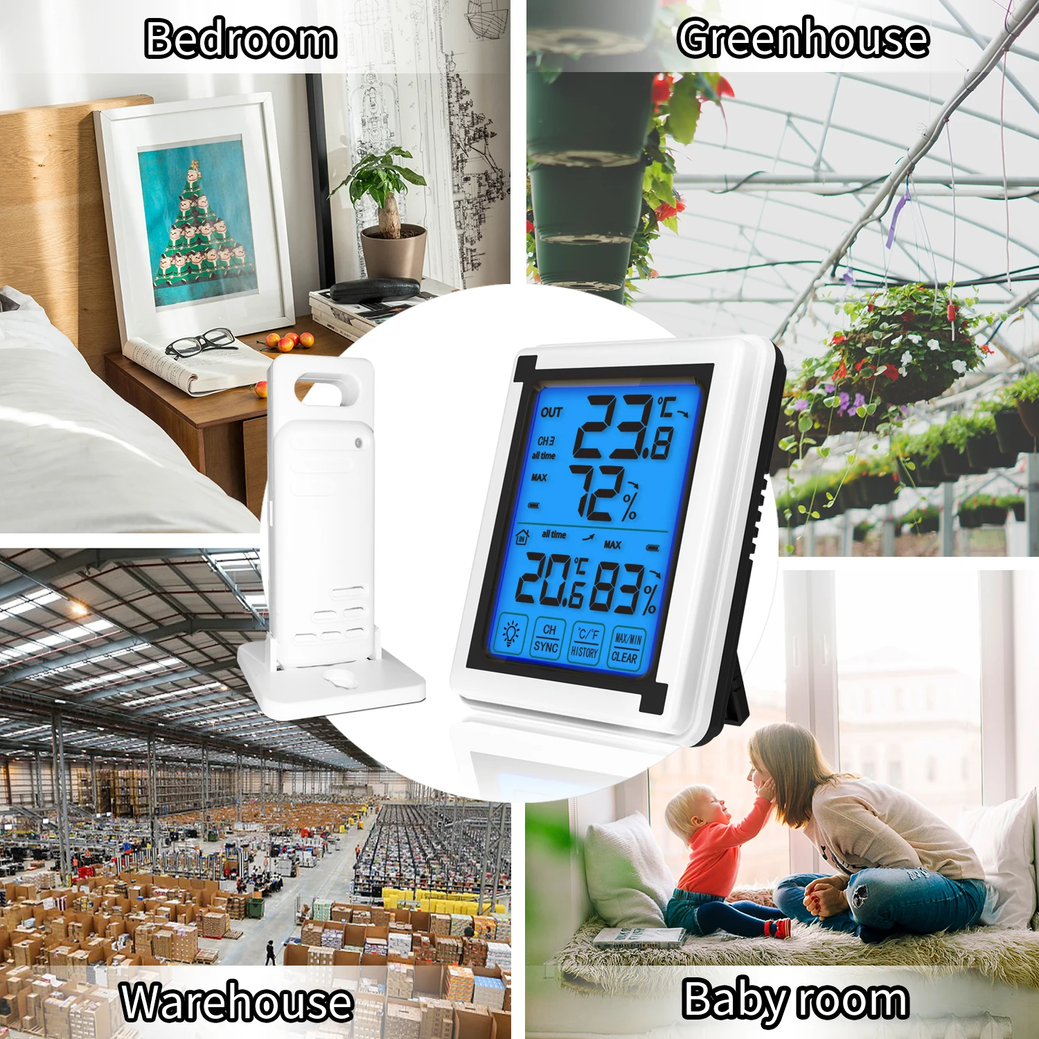 

Digital Thermometer Wireless Digital Hygrometer Thermometer Large LCD Display Touch Screen Weather Station Hygrothermograph