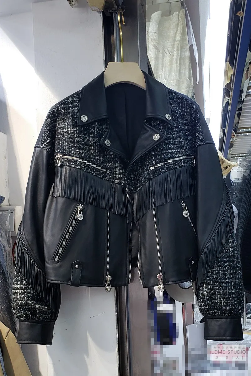 

ZCSMLL 2021 Autumn New Fringed Leather Jacket Women's Short Small Jacket Stitching Contrast Leather Jacket Fashion Female Trend