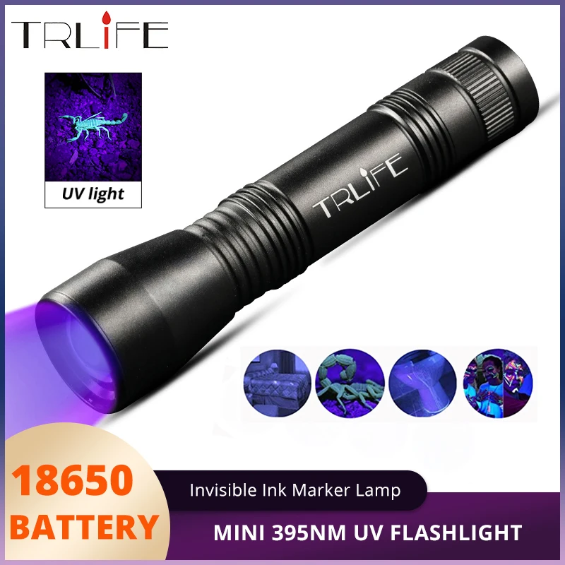 Powerful LED UV Flashlight 395nm Ultra Violet Zoomable Lamp Mini Led UV Light Torch Invisible Ink Marker EDC Use 18650 Battery