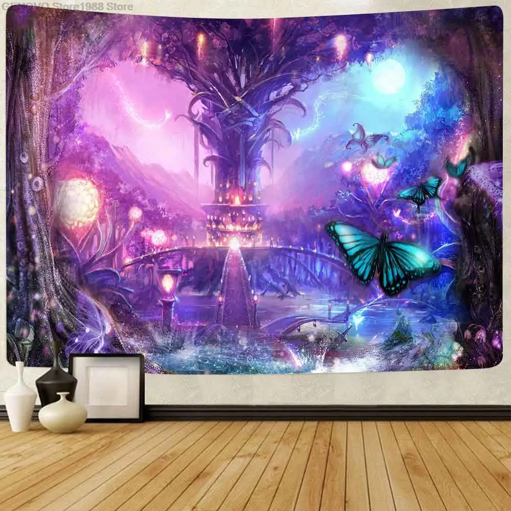 

Simsant Psychedelic Wald Burg Tapisserie Trippy Pilz Schmetterling Kunst Wand Hängen Wandteppiche für Wohnzimmer Hause Wohnheim