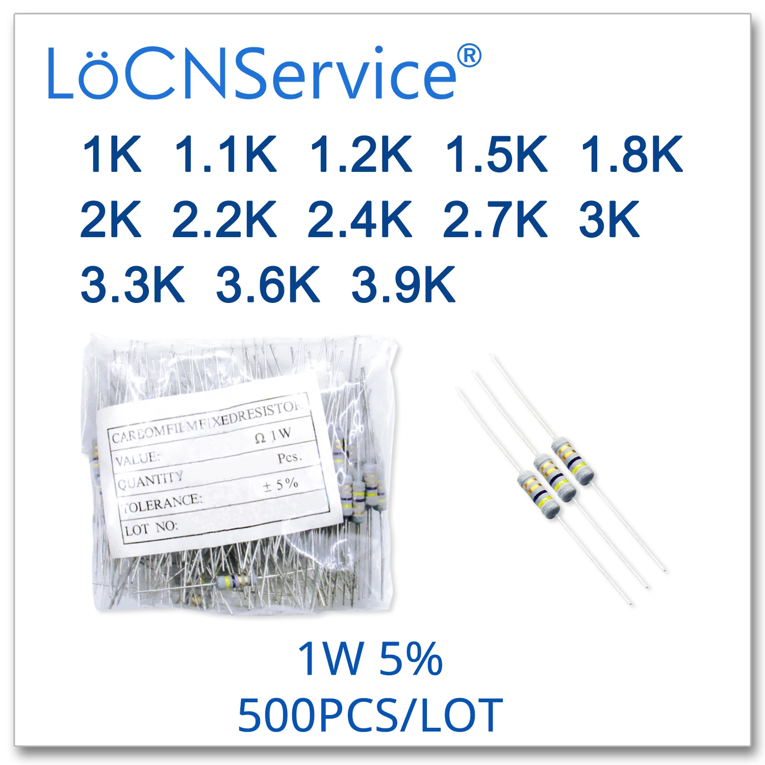 

LoCNService 500PCS/LOT 5% 1W 1K 1.1K 1.2K 1.5K 1.8K 2K 2.2K 2.4K 2.7K 3K 3.3K 3.6K 3.9K carbon film DIP OHM Resistor