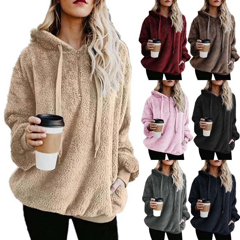 

2020 long sleeve zipper hooded solid color women's sweater