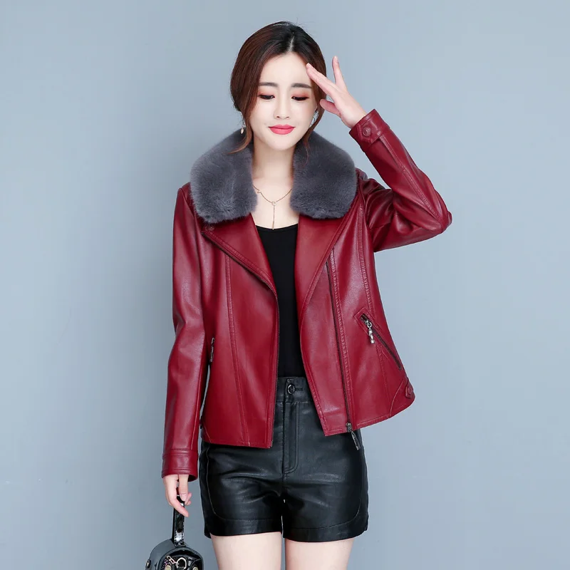 New Leather Jacket Women Autumn Winter 2022 Fashion Fur Collar Plus Cotton Liner Thick Streetwear Slim Sheepskin Leather Coat