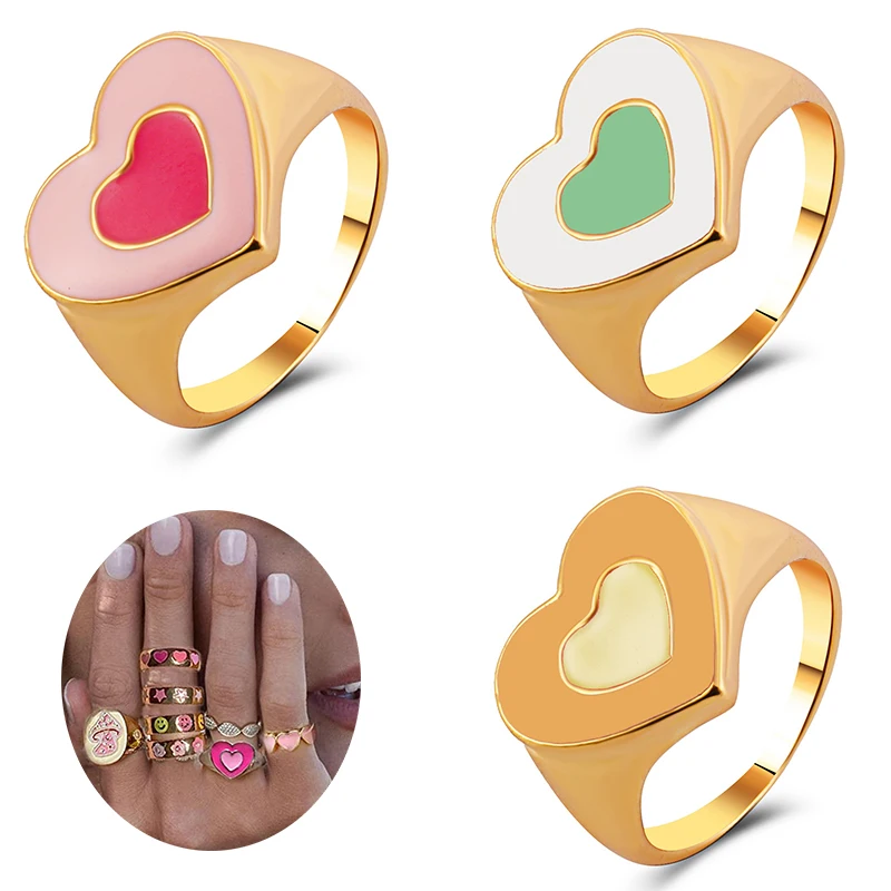 

Enamel Trendy Vintage Double Layer Rings Heart Alloy Rings Fashion Dripping Oil Candy Contrast Color for Women Jewelry Accessory