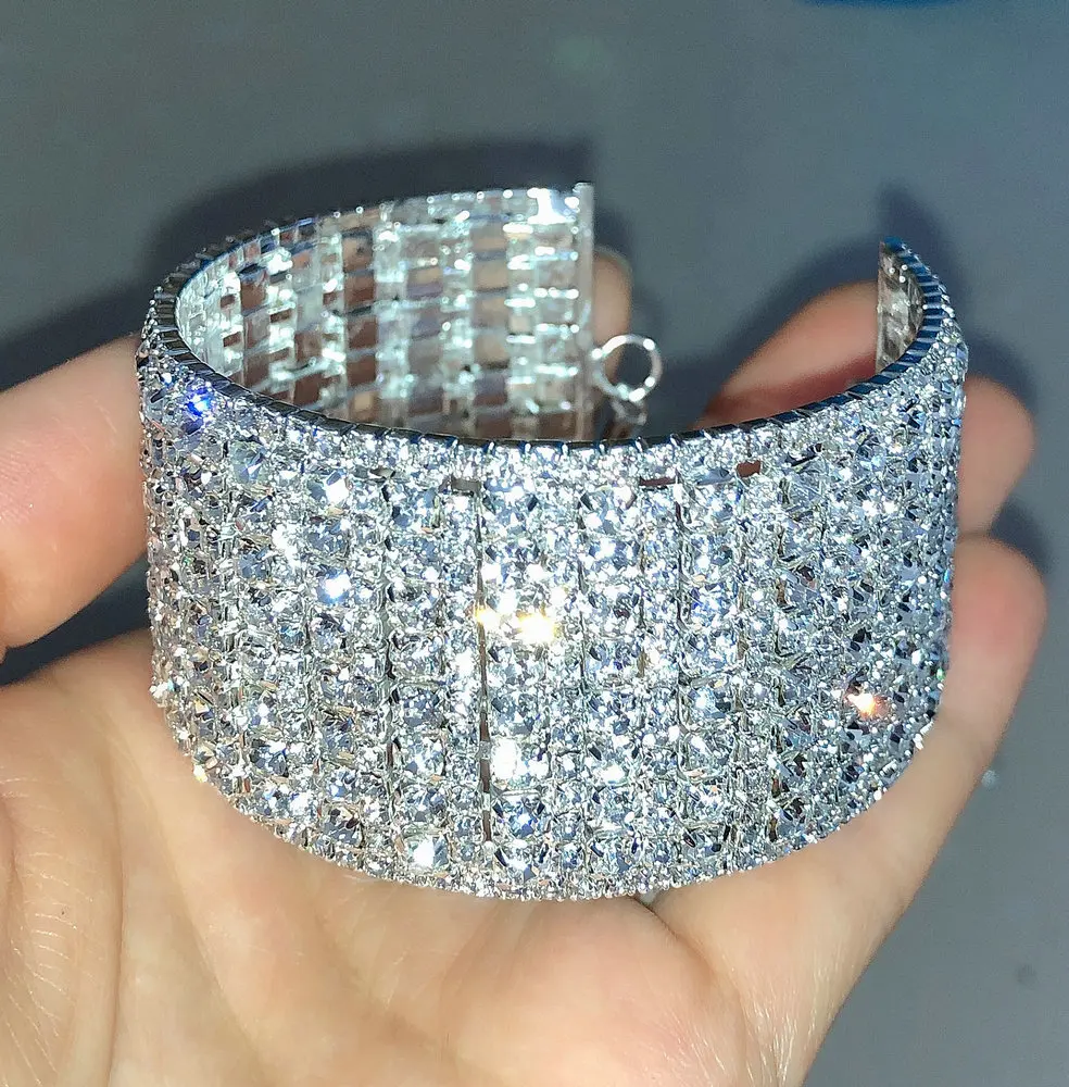 Широкий браслет из прозрачных страз женский для торжеств и свадебных