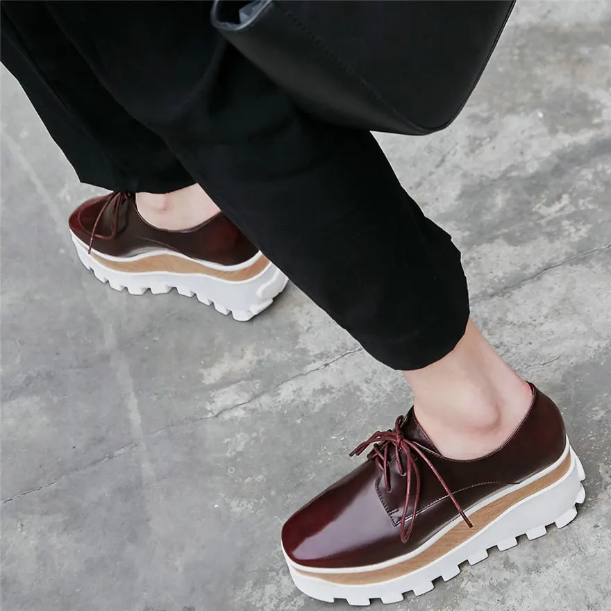 

Platform Trainers Women Lace Up Genuine Leather Wedges High Heel Pumps Shoes Female Square Toe Fashion Sneakers Casual Shoes