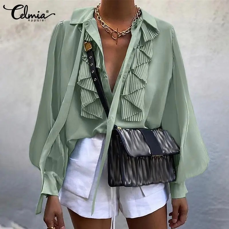 

Women Chiffon Blouses Autumn 2021 Celmia Sexy Party Lapel With Bow Tie Shirts Elegant Puff Long Sleeve Tops Casual Loose Blasas