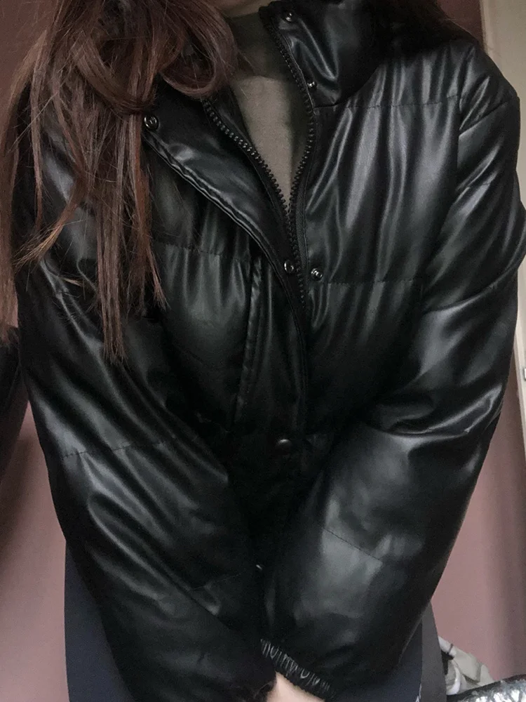 

Ailegogo Winter Thick Warm Short Parkas Women Fashion Black PU Leather Coats Ladies Elegant Zipper Cotton Jackets Female Ouwear